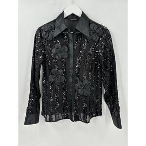 Samuel Dong Blouse Set Womens Small Black Sequins Floral Sheer 2 Piece Buttons